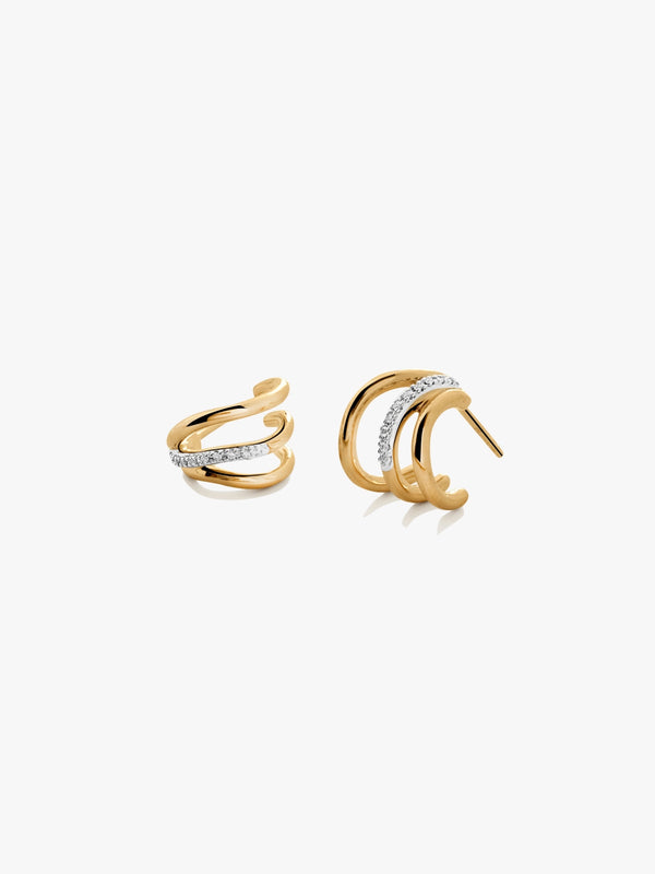 Wavy Pave Triple Hoop Earrings - Gold