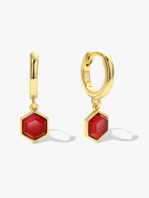Red Hexagonal Agate Drop Huggie Earrings
