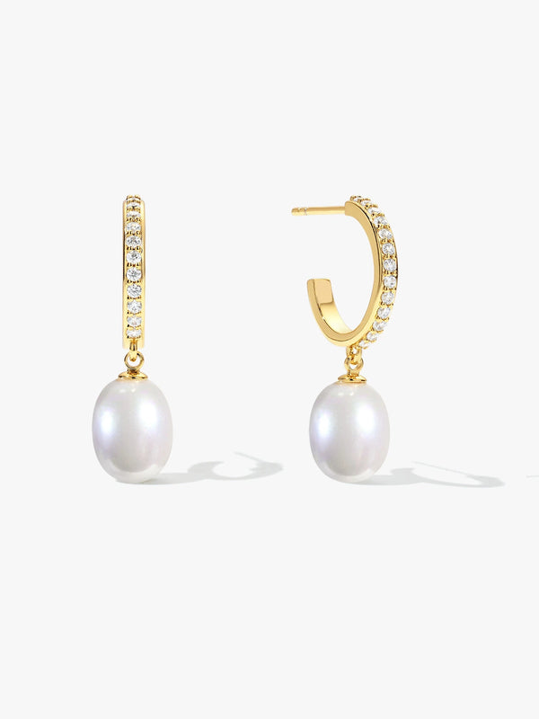 Pave Hoop Pearl Drop Earrings