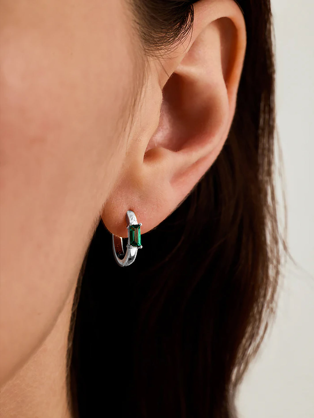 Silver Baguette Emerald Huggies - Huggie Earrings - OOTDY